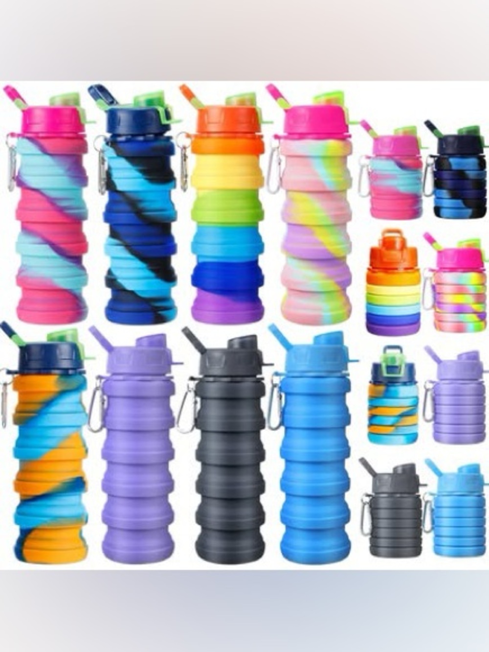 8 pack Collapsible Silicone Water Bottle - Multiple Colors 16oz